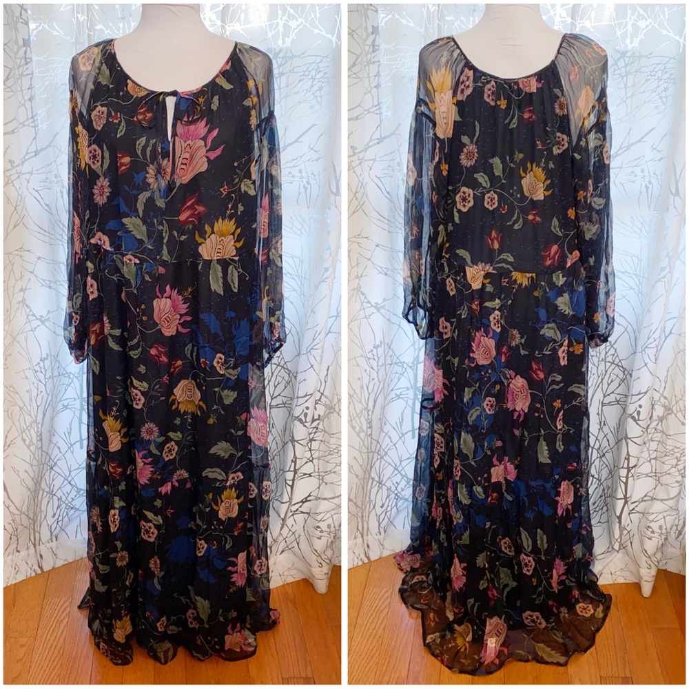JOHNNY WAS NAVY BLUE GREEN FLORAL PRINT SILK SHEER LONG SLEEVE TAURI MAXI DRESS - Picture 6 of 13